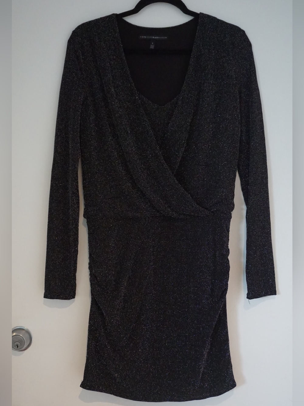 White House Black Market Black Metallic Long-Sleeve Wrap Dress